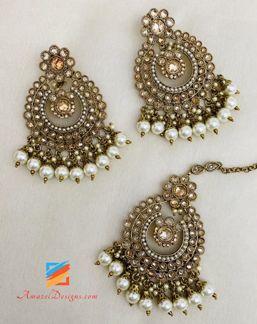 Champagne Single Line Necklace With Earrings and Tikka Set