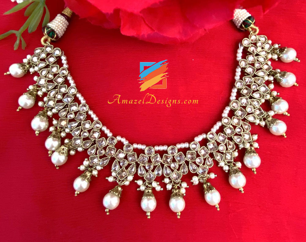 Champagne Single Line Necklace With Earrings and Tikka Set
