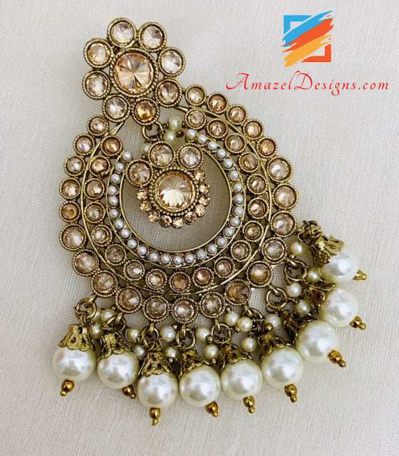 Champagne Single Line Necklace With Earrings and Tikka Set
