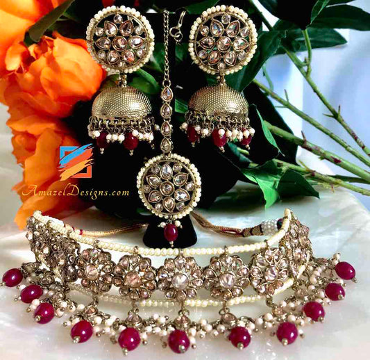 Champagne Color Dull Golden Choker with Maroon beads and Jhumkas Earrings Tikka Set