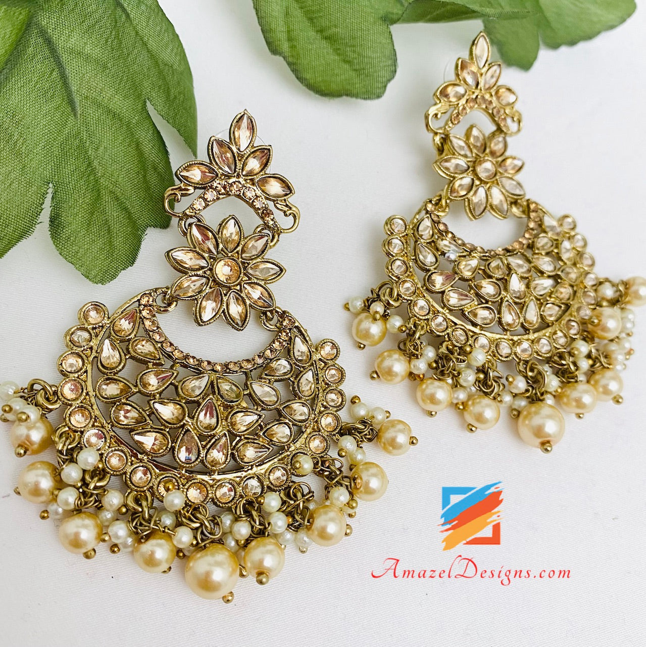 Earrings Chandbali Style Pearls Beads