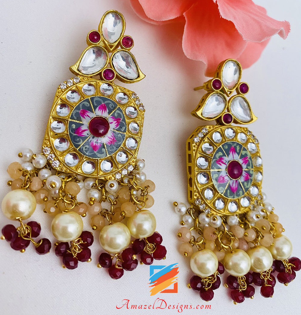 Statement High Quality Designer Choker Necklace Earrings Golden Meenakari Kundan Set