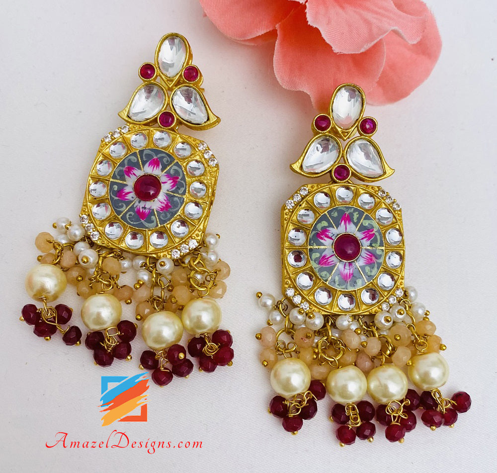 Statement High Quality Designer Choker Necklace Earrings Golden Meenakari Kundan Set