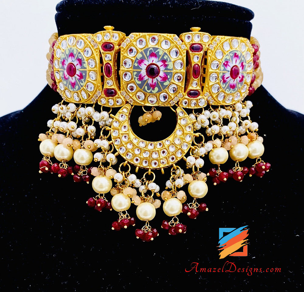 Statement High Quality Designer Choker Necklace Earrings Golden Meenakari Kundan Set