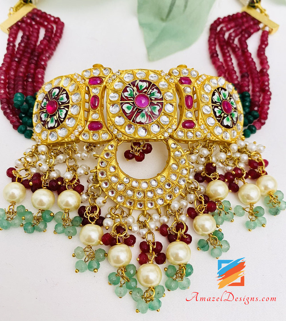 High Quality Statement Designer Choker Necklace Earrings Ruby Maroon Meenakari Kundan Set
