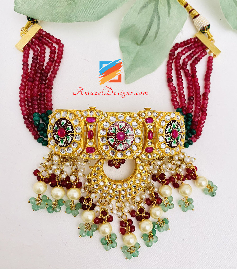High Quality Statement Designer Choker Necklace Earrings Ruby Maroon Meenakari Kundan Set