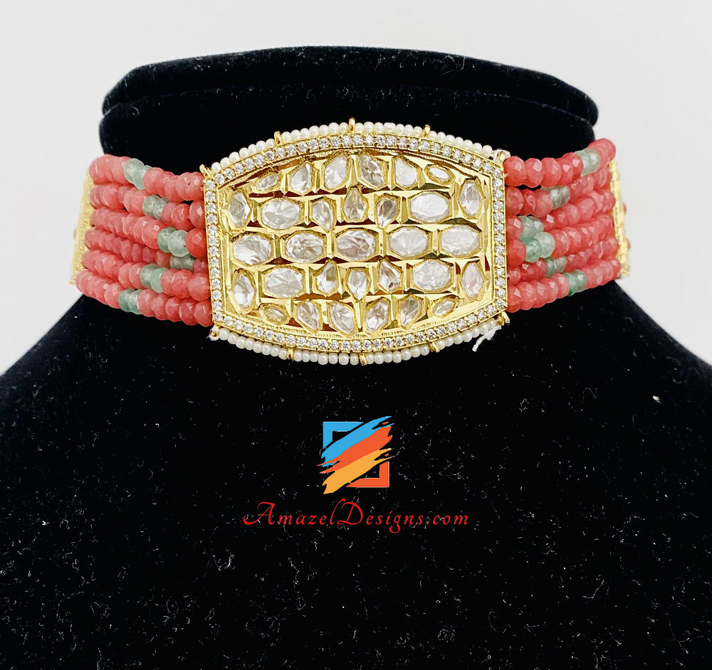 Choker Necklace High Quality Studs Earrings Pink Kundan Set
