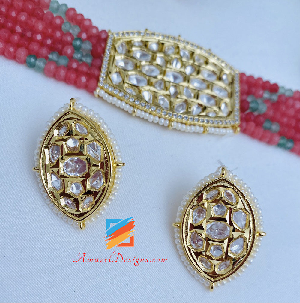 Choker Necklace High Quality Studs Earrings Pink Kundan Set