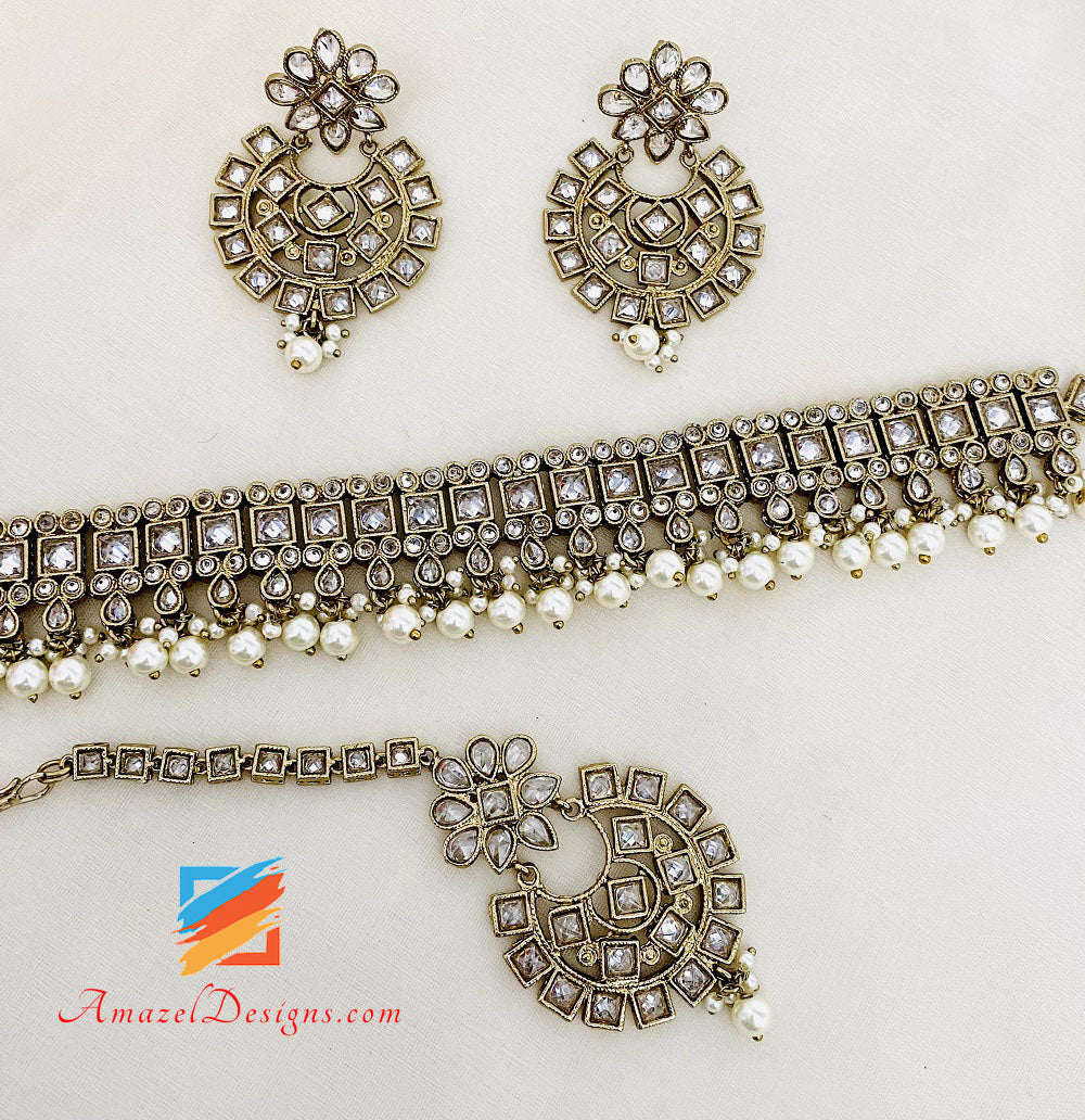 Clear Polki Choker Necklace Earrings Tikka Set – Amazel Designs