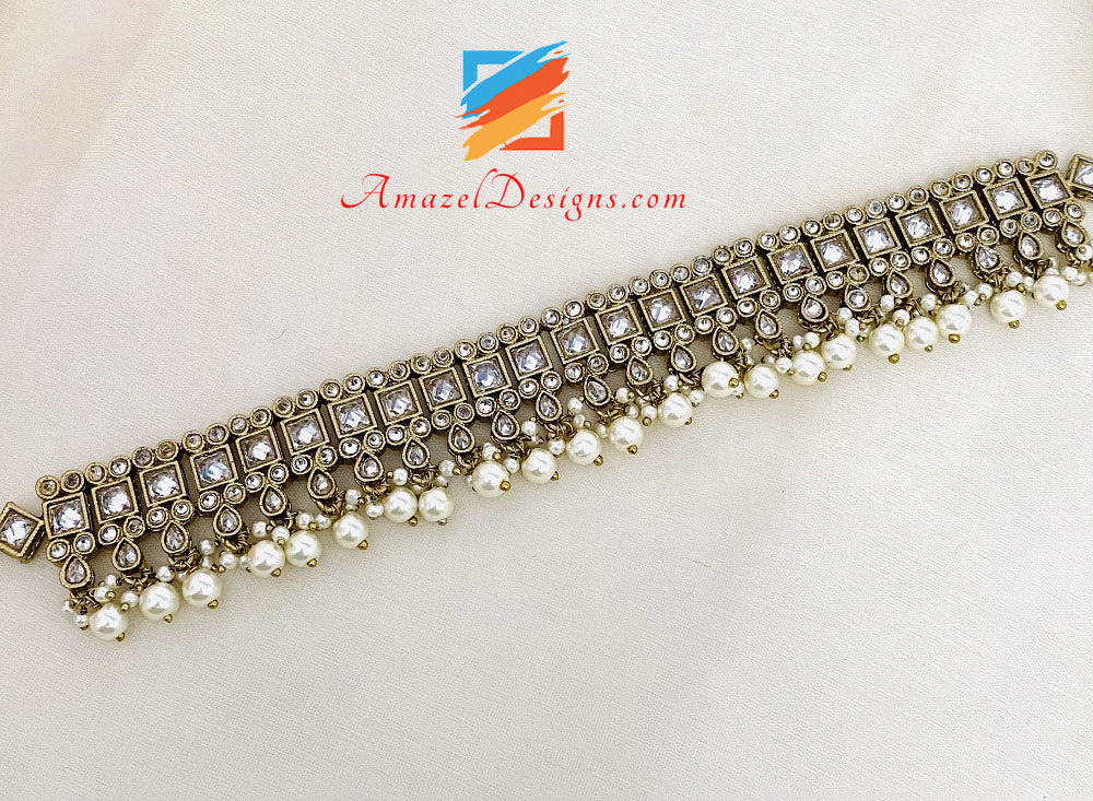 Clear Polki Choker Collana Orecchini Tikka Set