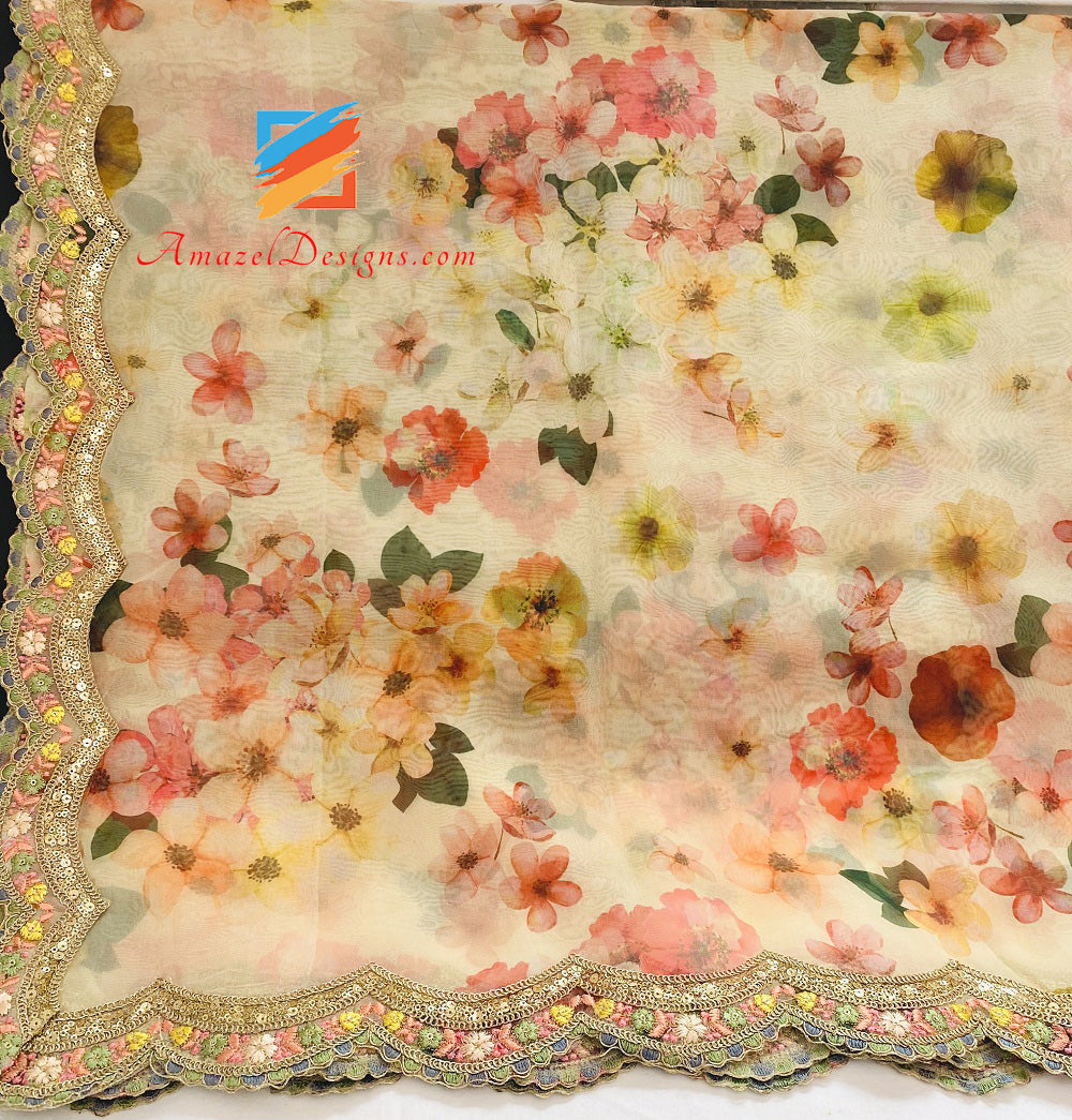 Duppatta super leggero stampato in organza color crema con pizzo intagliato su 4 lati