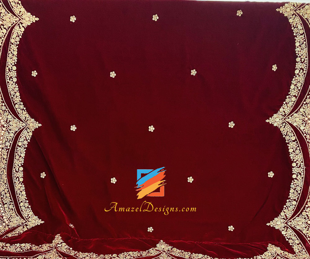 Cut Work Golden Tilla Sitara Beads Maroon Velvet Shawl