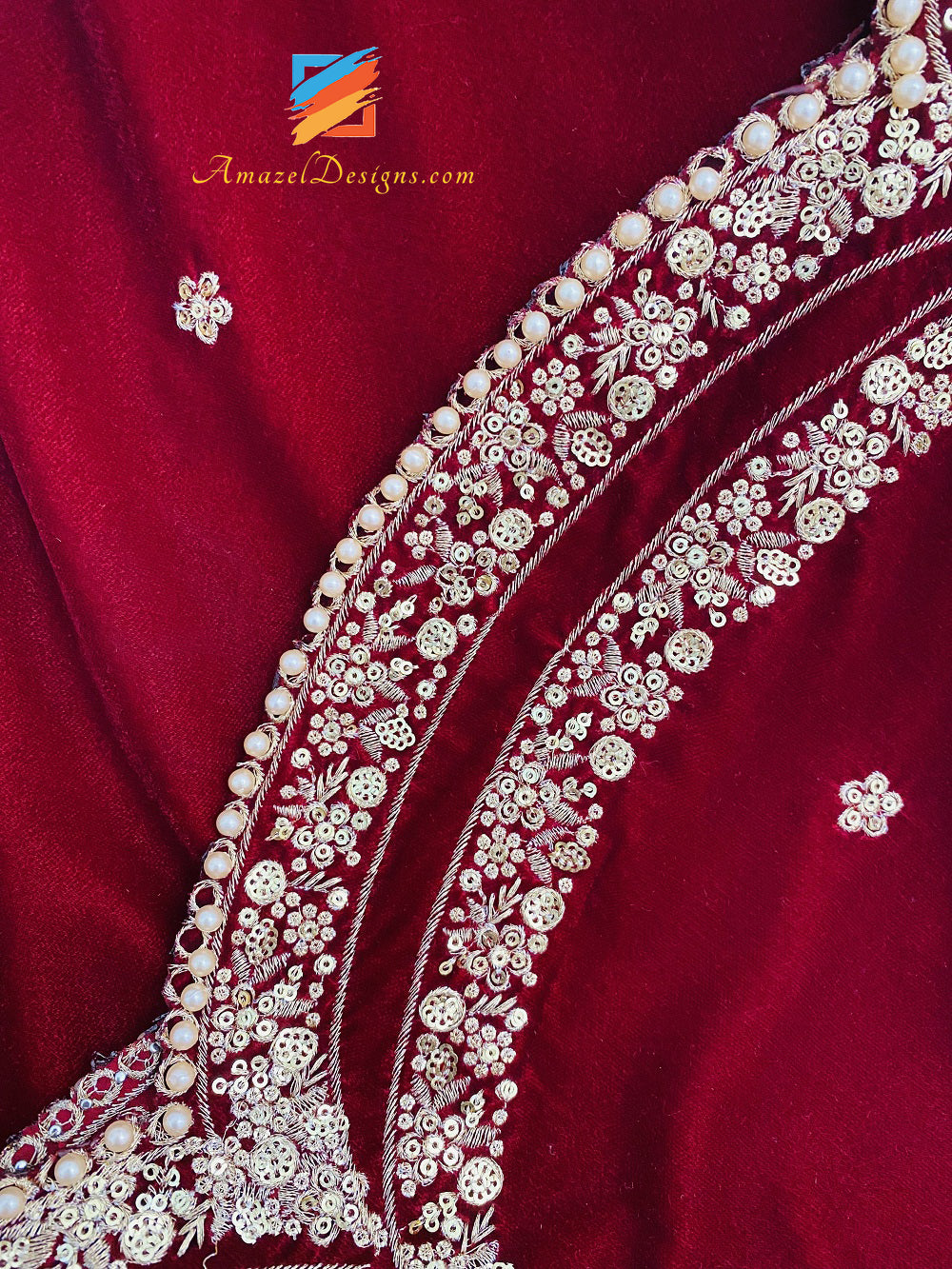Cut Work Golden Tilla Sitara Beads Maroon Velvet Shawl