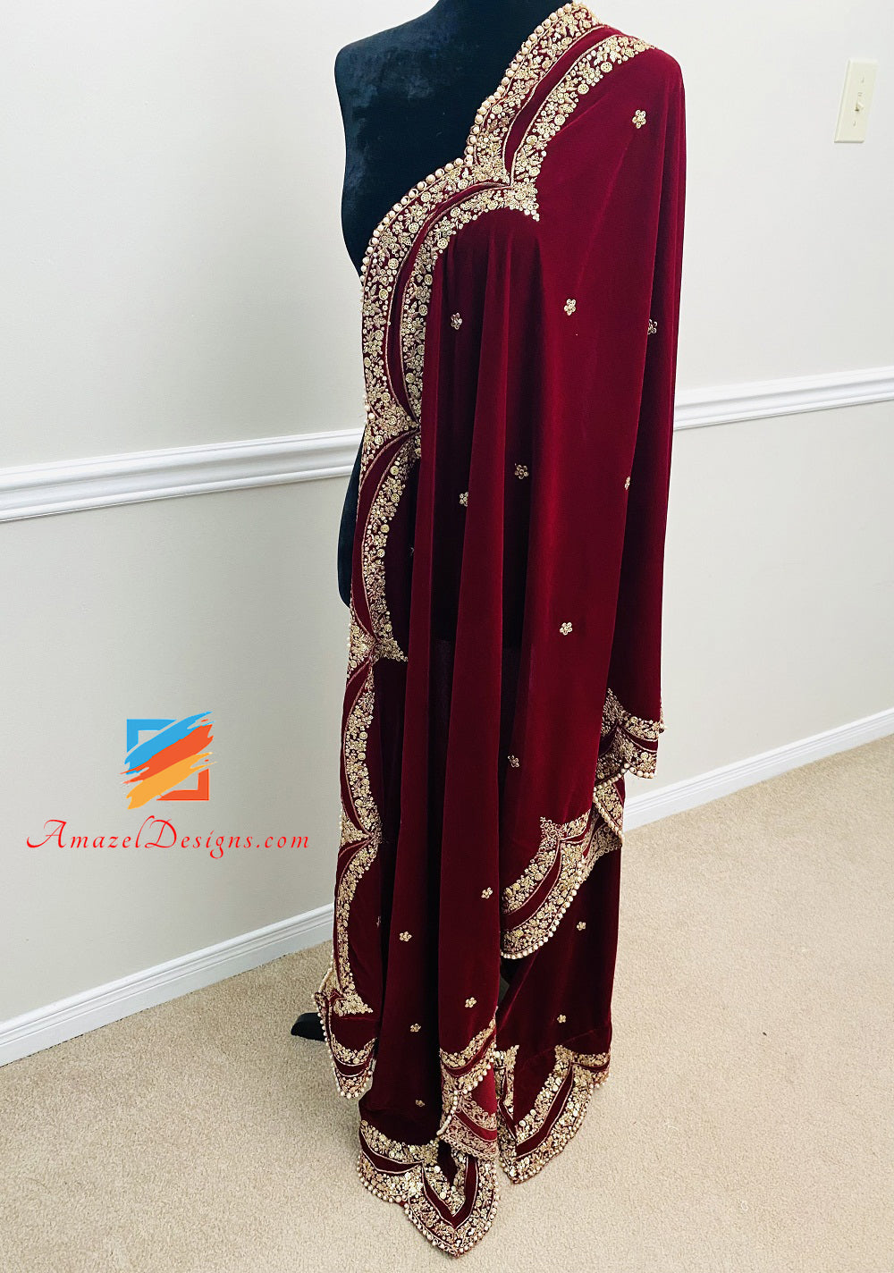 Cut Work Golden Tilla Sitara Beads Maroon Velvet Shawl