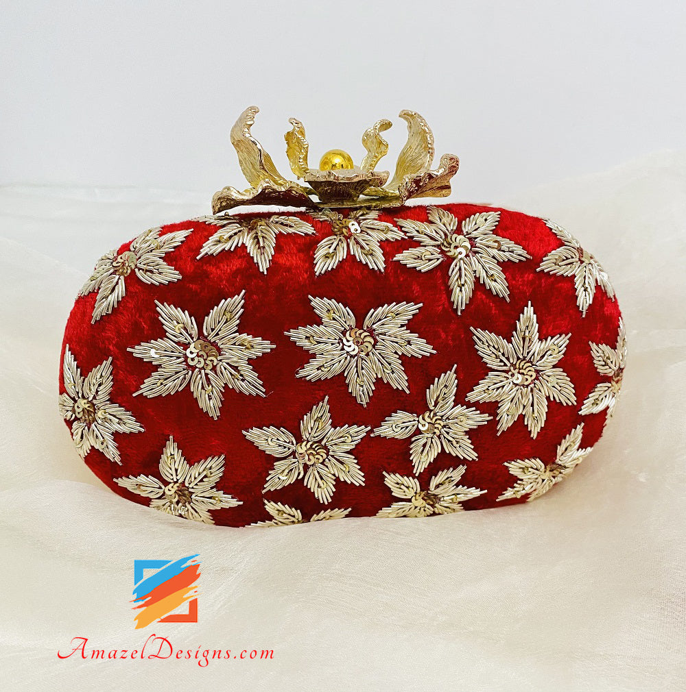 Dabka Work Red Clutch Flower Clasp