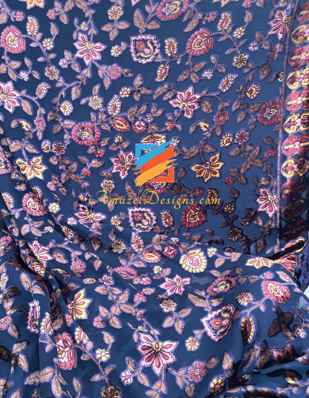 Dark Blue Fine Net Velvet Work Lightweight Flowy Duppatta