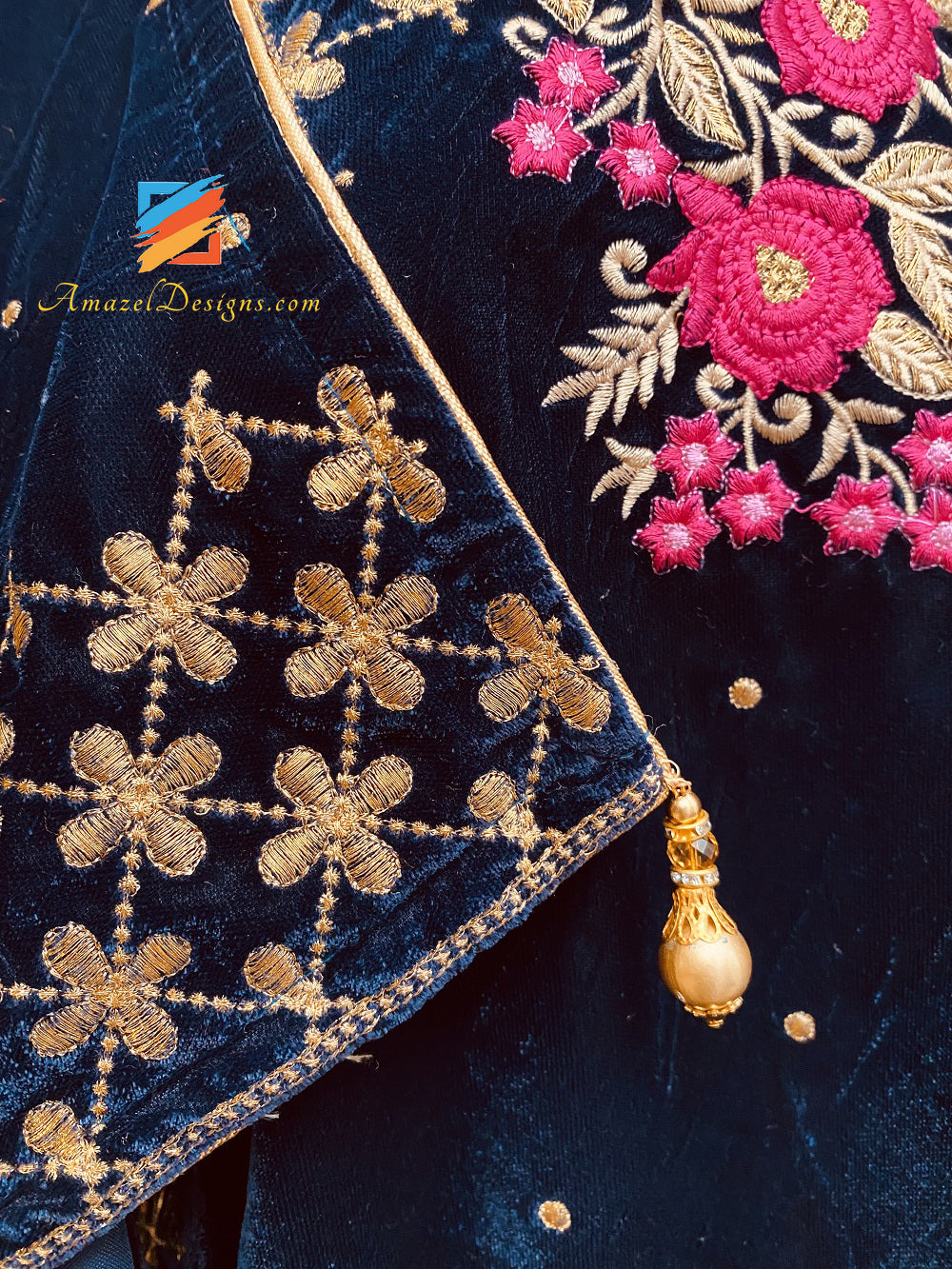 Dark Blue Pink Thread Tilla Short Width Unisex Velvet Shawl