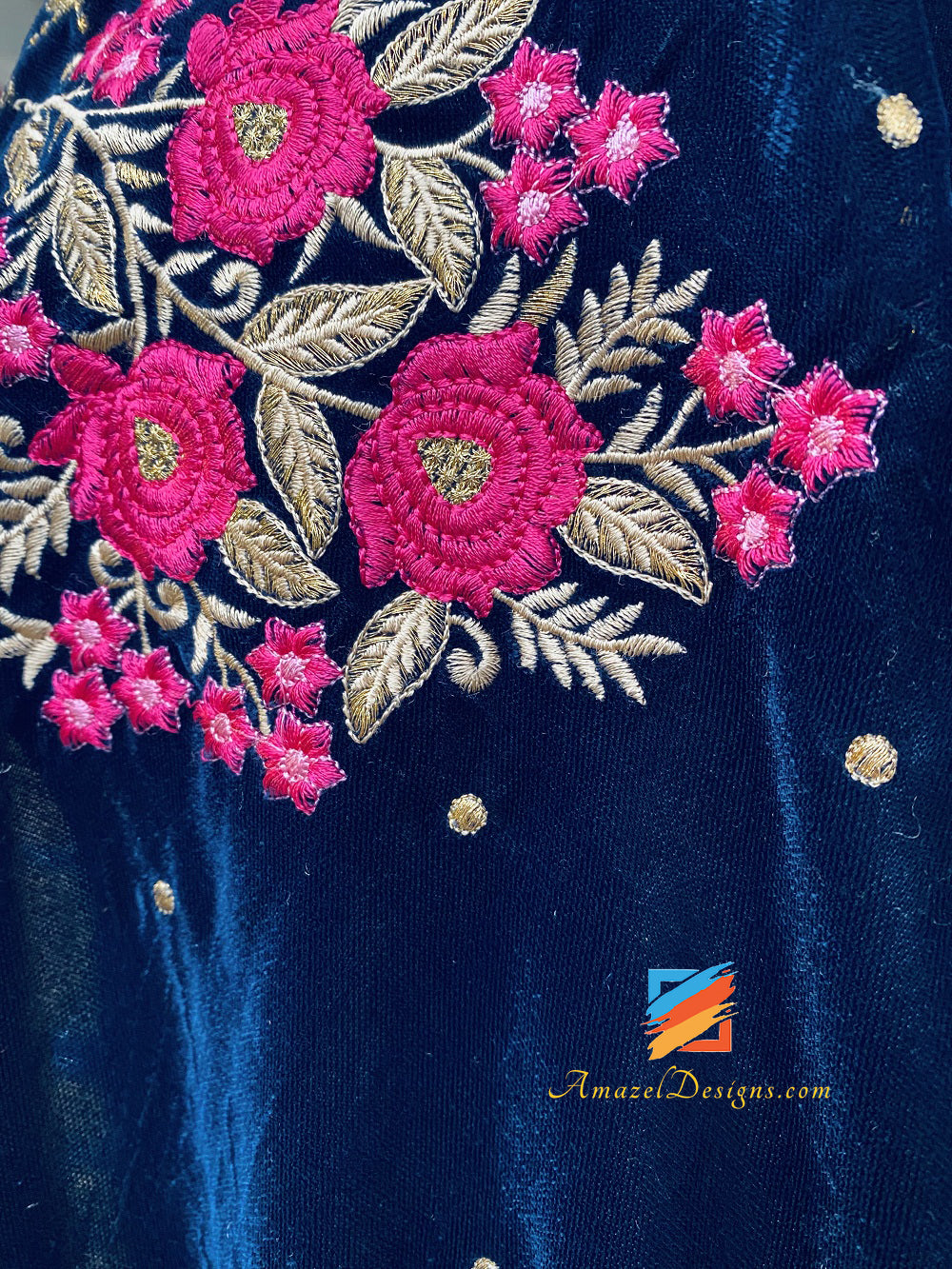 Dark Blue Pink Thread Tilla Short Width Unisex Velvet Shawl