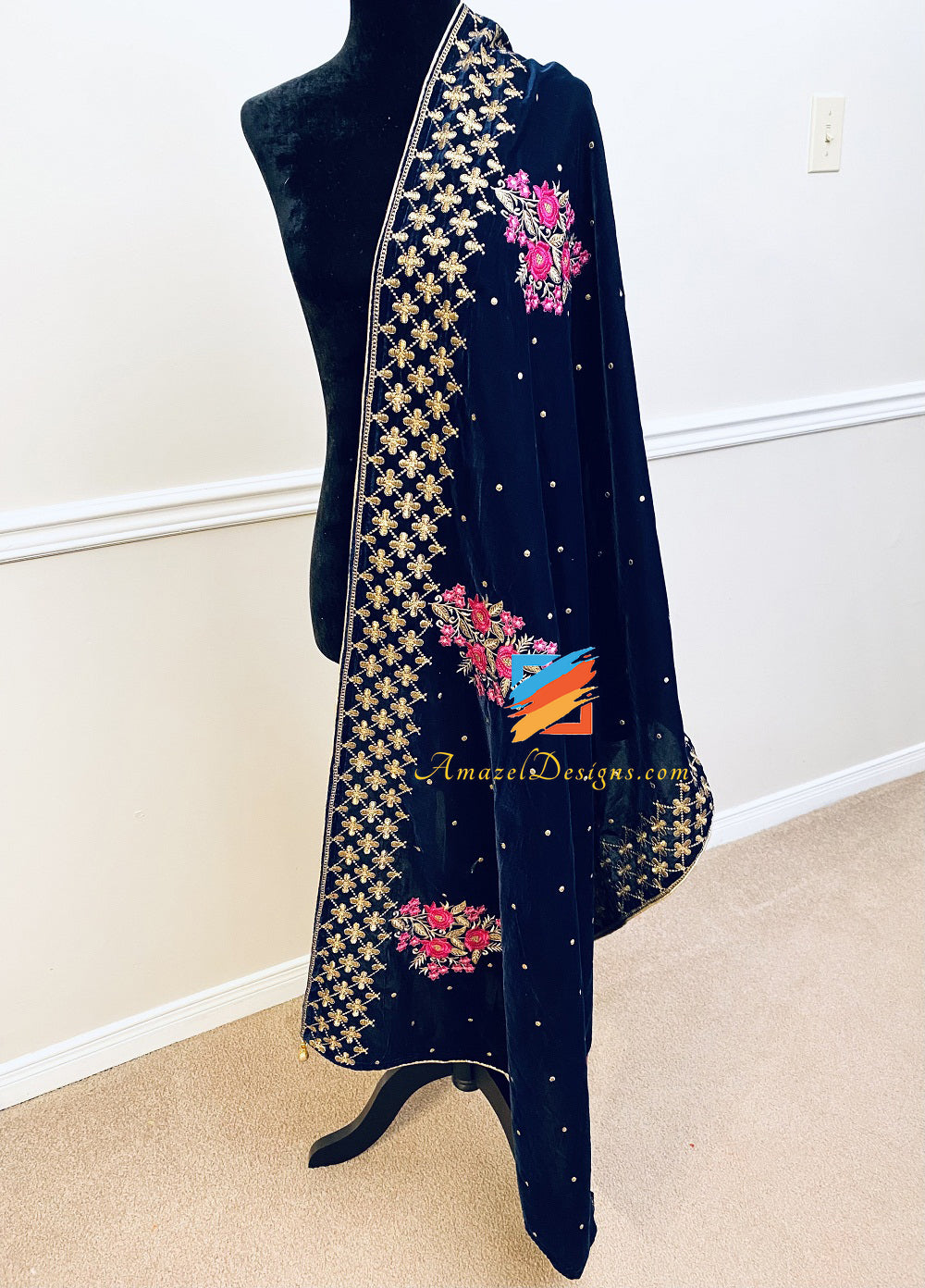 Dark Blue Pink Thread Tilla Short Width Unisex Velvet Shawl
