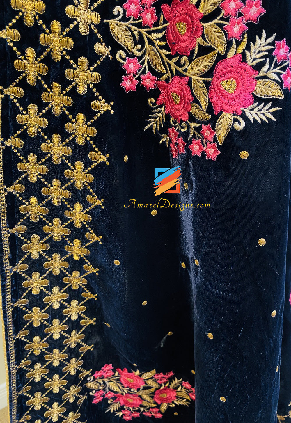 Dark Blue Pink Thread Tilla Short Width Unisex Velvet Shawl