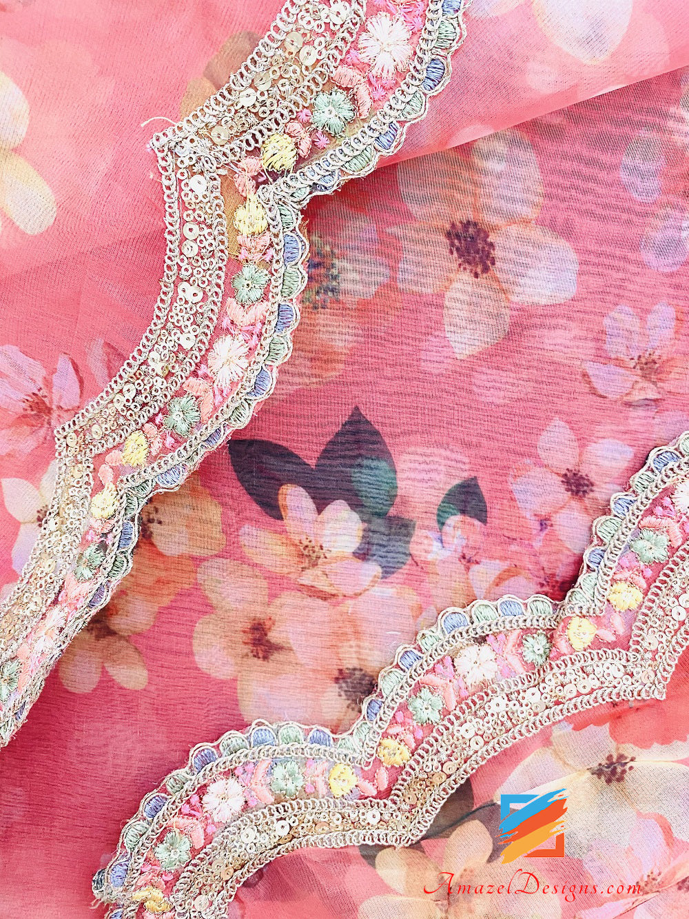 Dark Gajari Organza Printed Four Sided Cutwork Lace