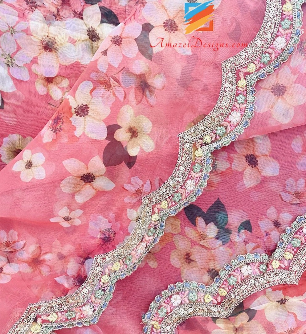Dark Gajari Organza Printed Four Sided Cutwork Lace