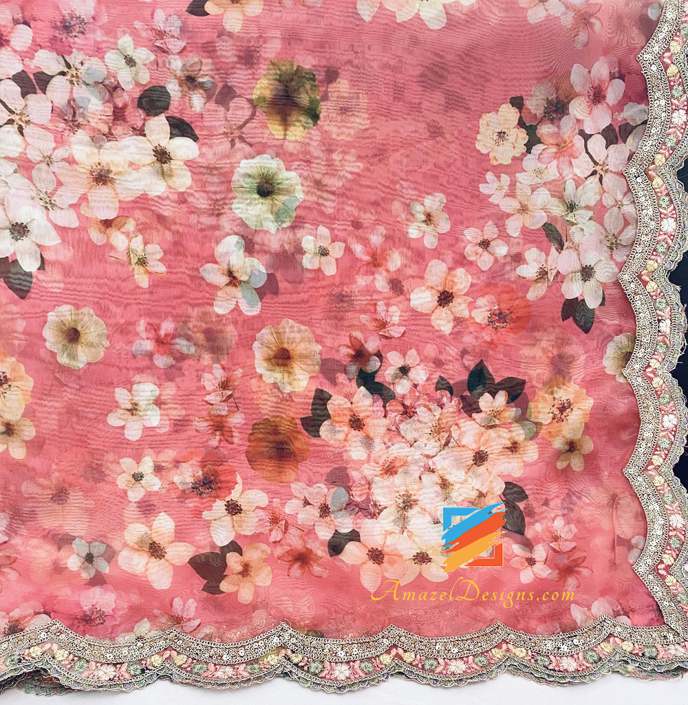 Dark Gajari Organza Printed Four Sided Cutwork Lace
