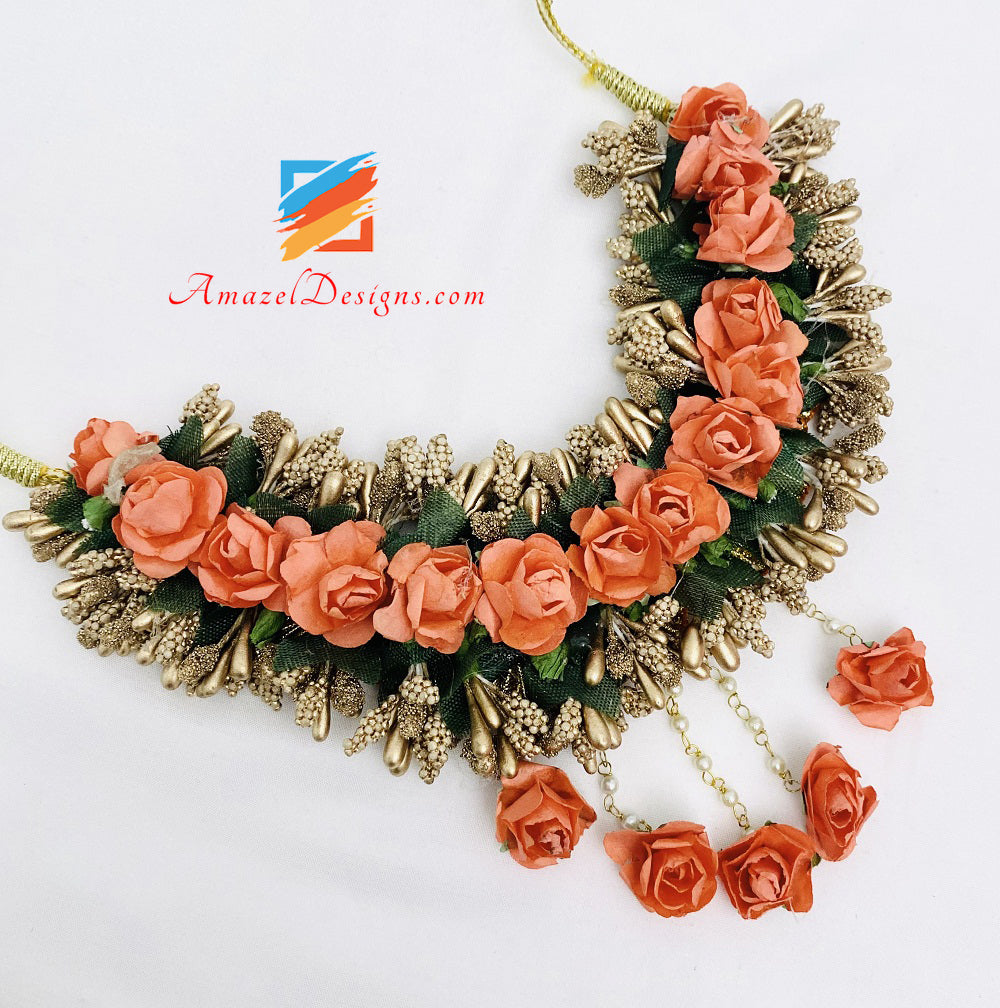 Dunkles Pfirsich-Halsketten-Ohrring-Tikka- und Handstück-Set