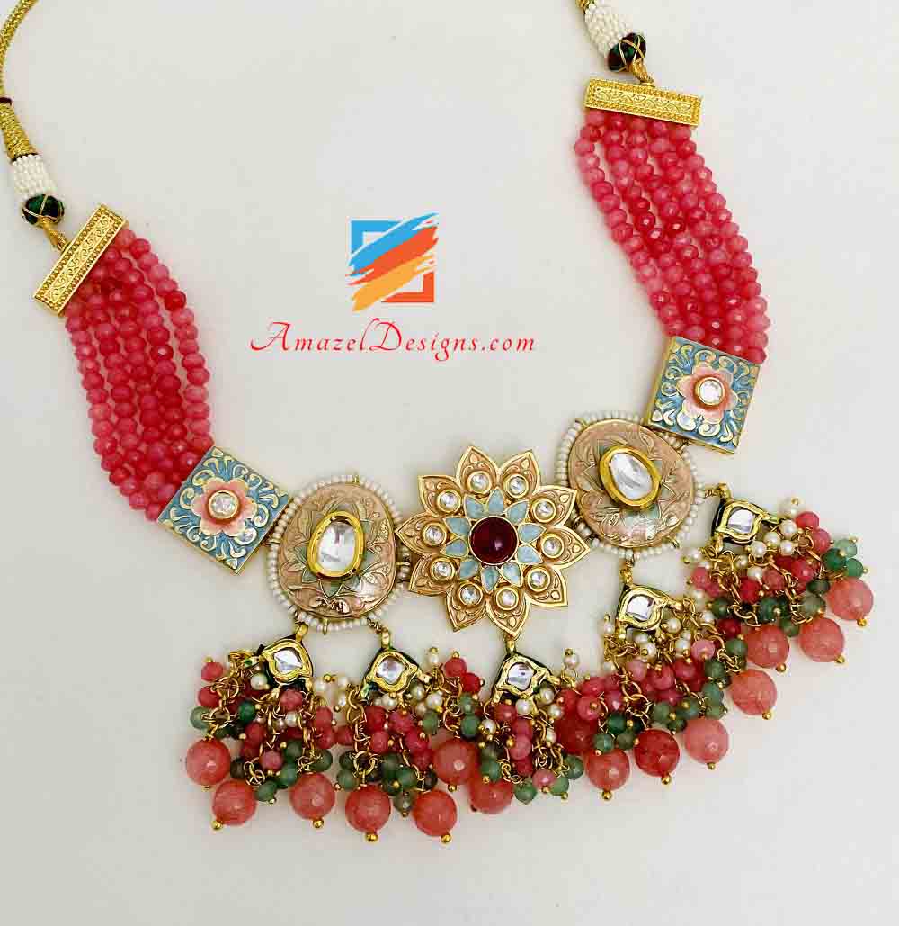 Dark Peach With Multicoloured Hand Painted Meenakari Necklace Earrings Set