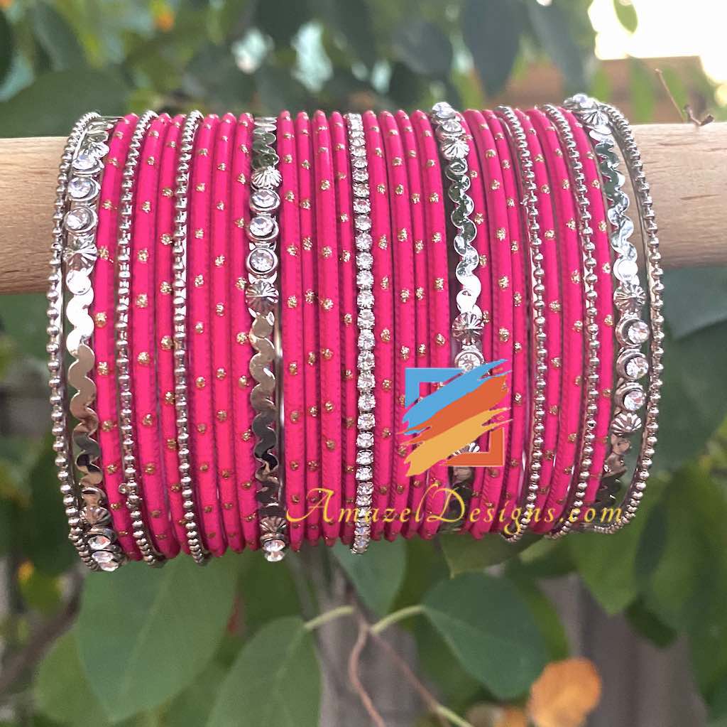 Dark Pink Silver Bangle Set