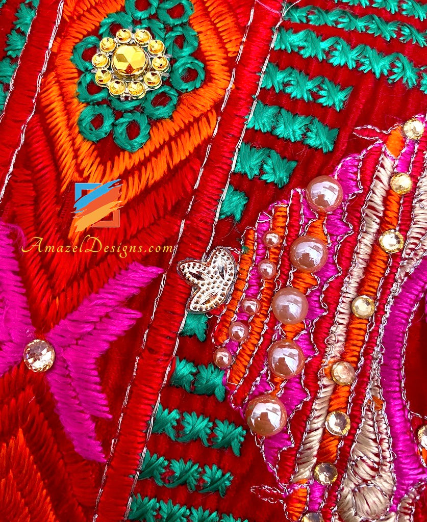 Doli Red Velvet Fulkari Kundan Pearl Work with Sohni Latkan
