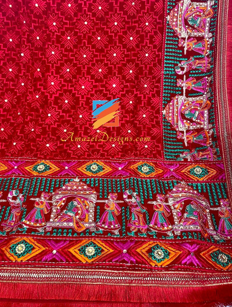 Doli Red Velvet Fulkari Kundan Pearl Work with Sohni Latkan