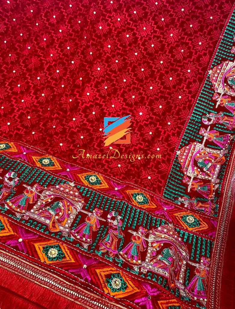 Doli Red Velvet Fulkari Kundan Pearl Work with Sohni Latkan