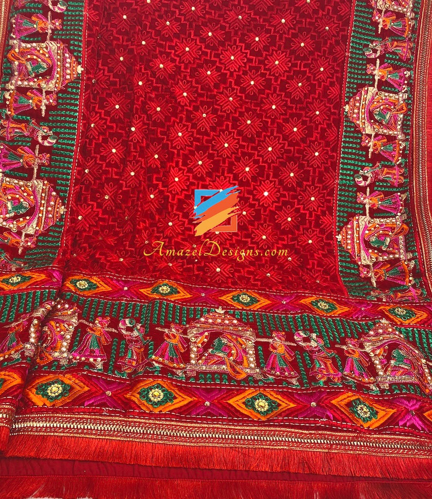 Doli Red Velvet Fulkari Kundan Pearl Work with Sohni Latkan