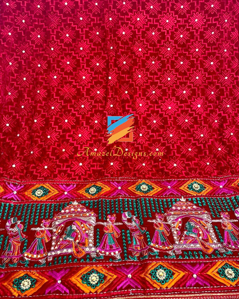 Doli Red Velvet Fulkari Kundan Pearl Work with Sohni Latkan
