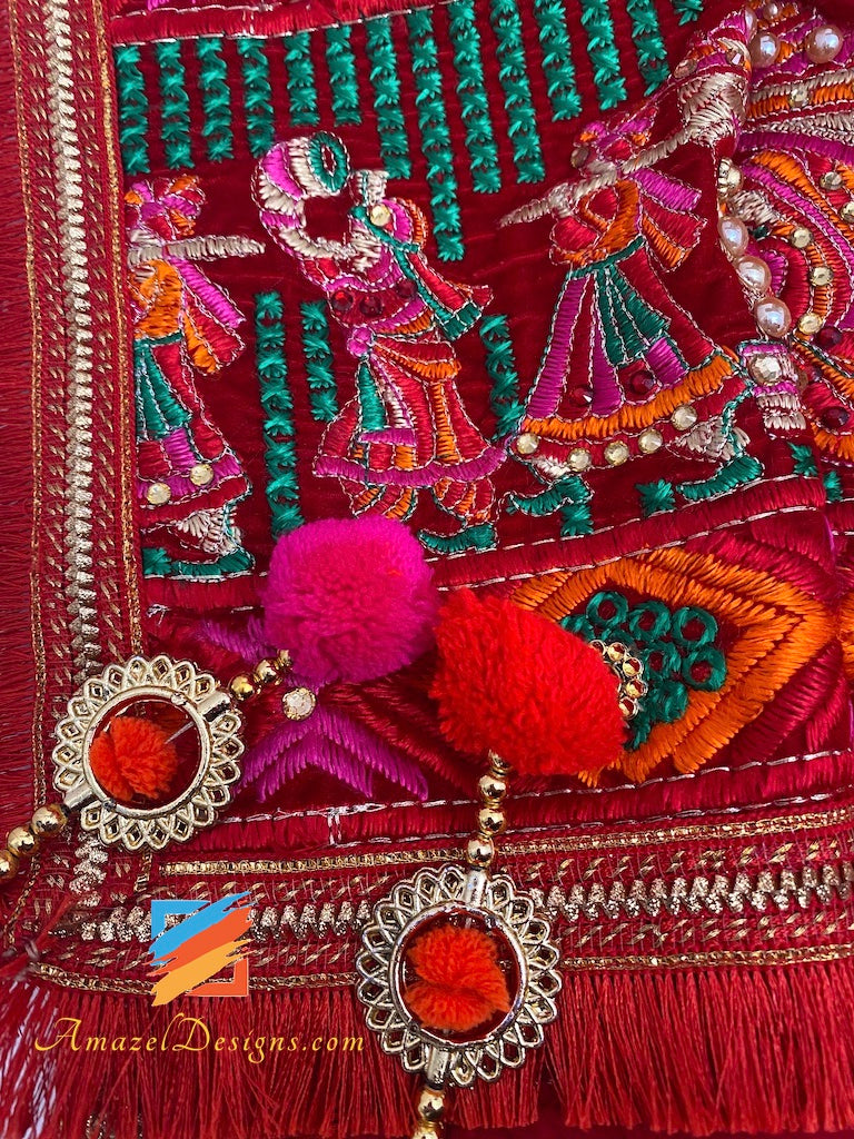 Doli Red Velvet Fulkari Kundan Pearl Work with Sohni Latkan