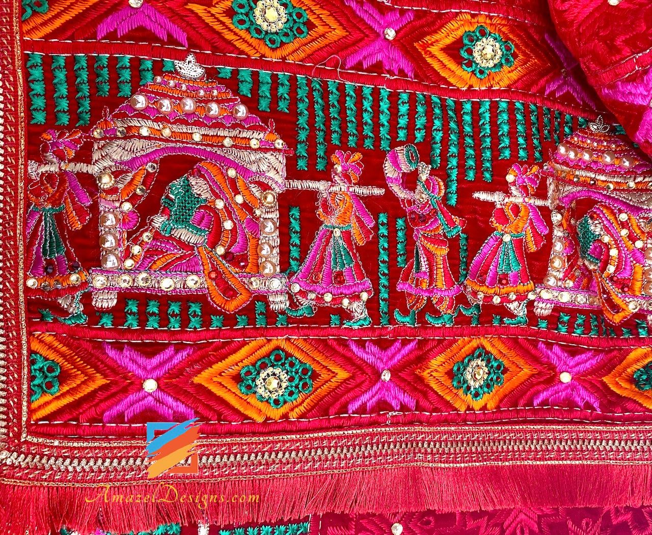 Doli Red Velvet Fulkari Kundan Pearl Work with Sohni Latkan