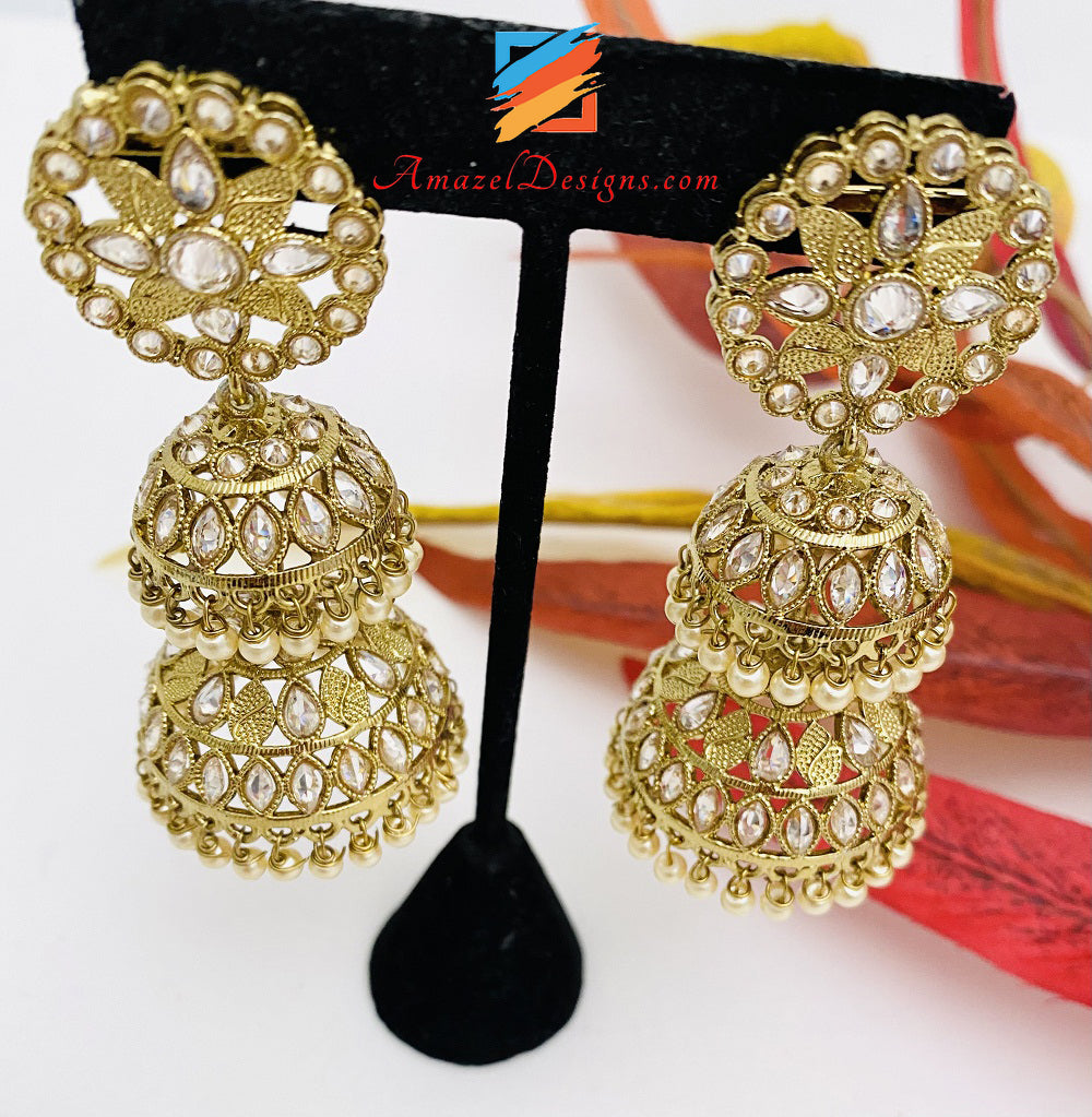 Double Jhumki Long Golden Polki
