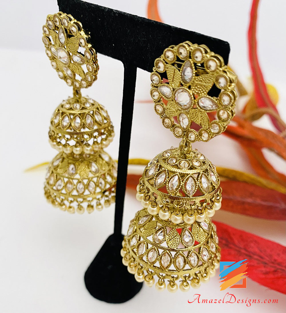 Double Jhumki Long Golden Polki