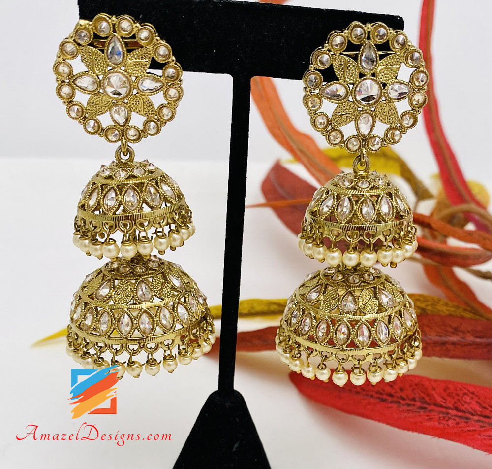 Double Jhumki Long Golden Polki