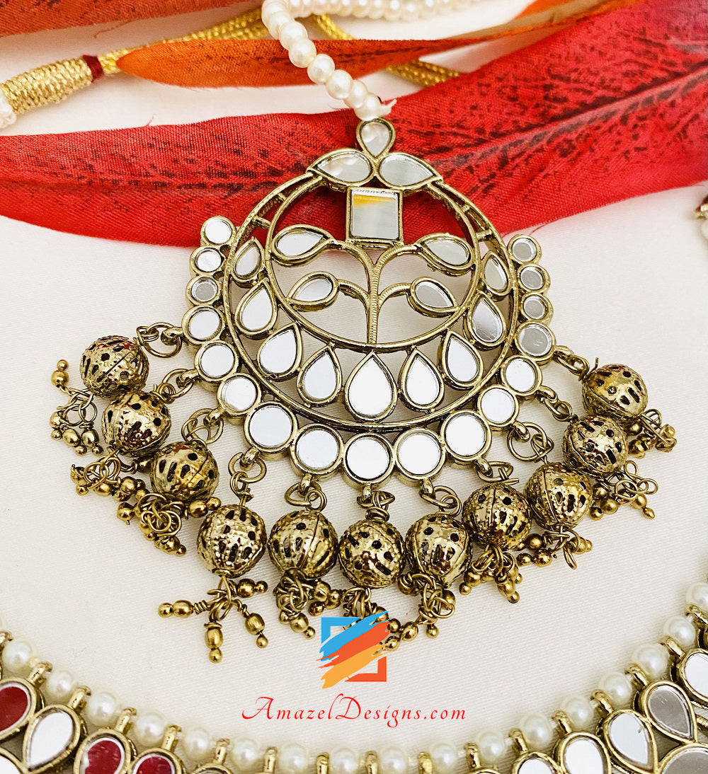 Dull Gold Lightweight Flexible Mirror Necklace Oversized Earrings Tikka Set
