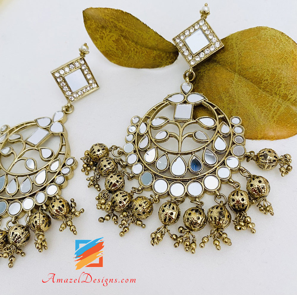 Dull Gold Lightweight Flexible Mirror Necklace Oversized Earrings Tikka Set