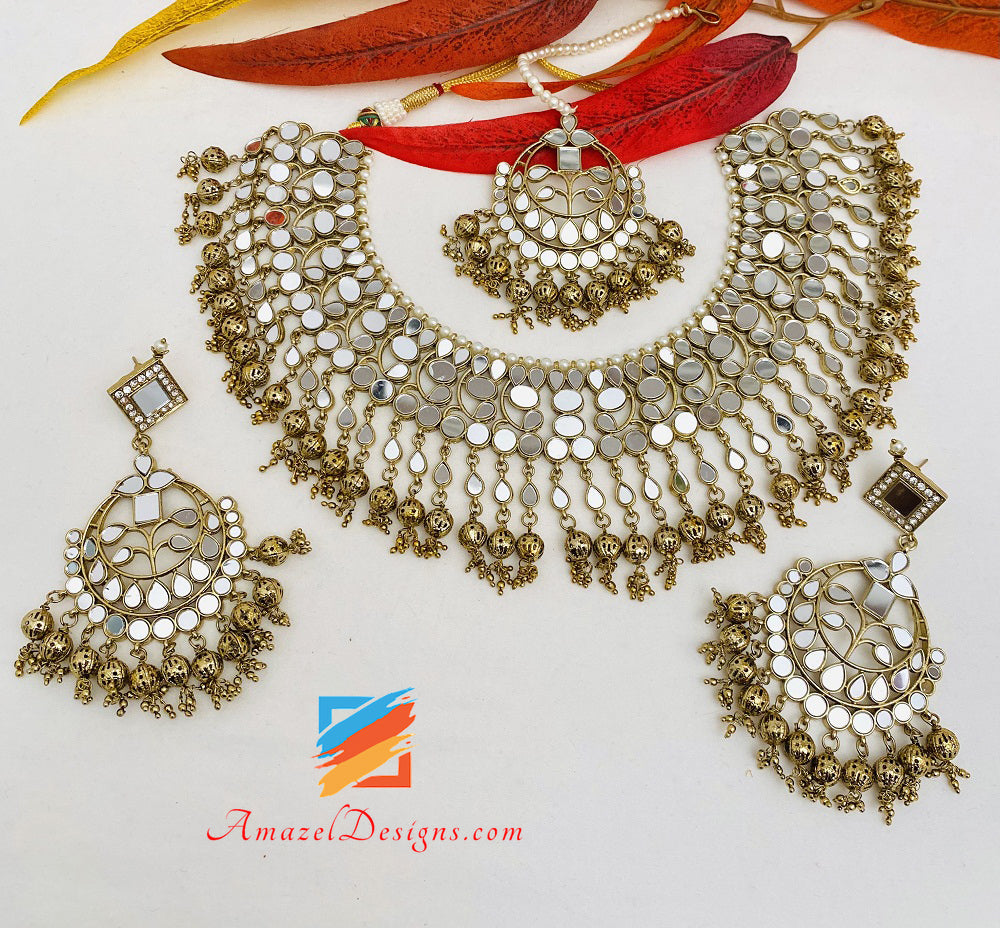 Dull Gold Lightweight Flexible Mirror Necklace Oversized Earrings Tikka Set