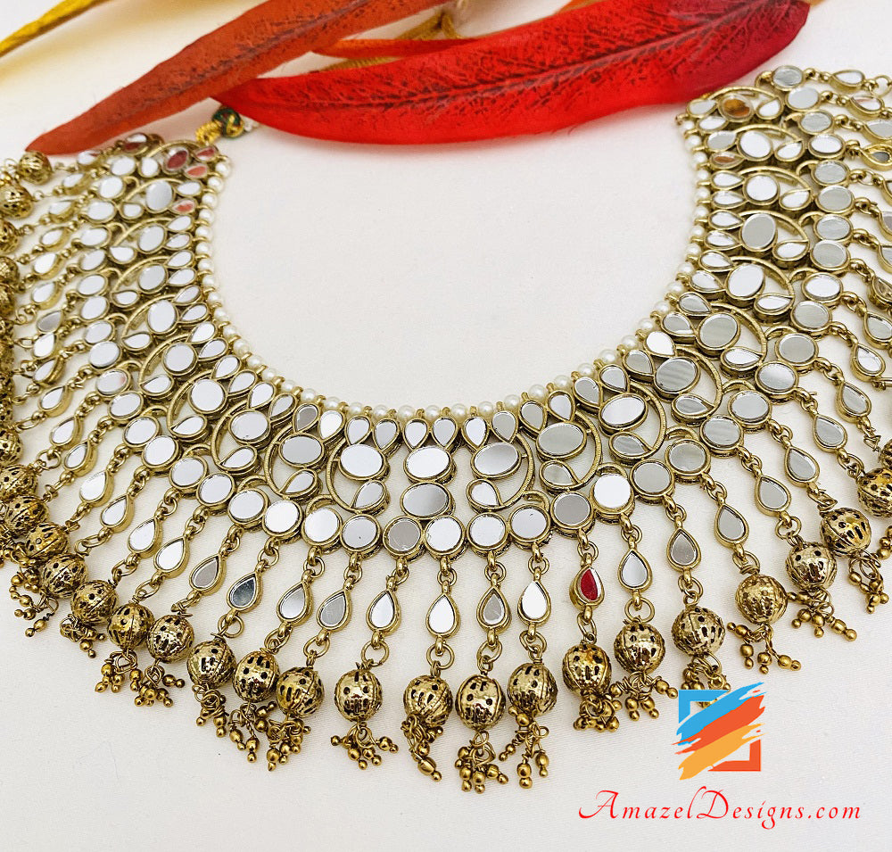 Dull Gold Lightweight Flexible Mirror Necklace Oversized Earrings Tikka Set