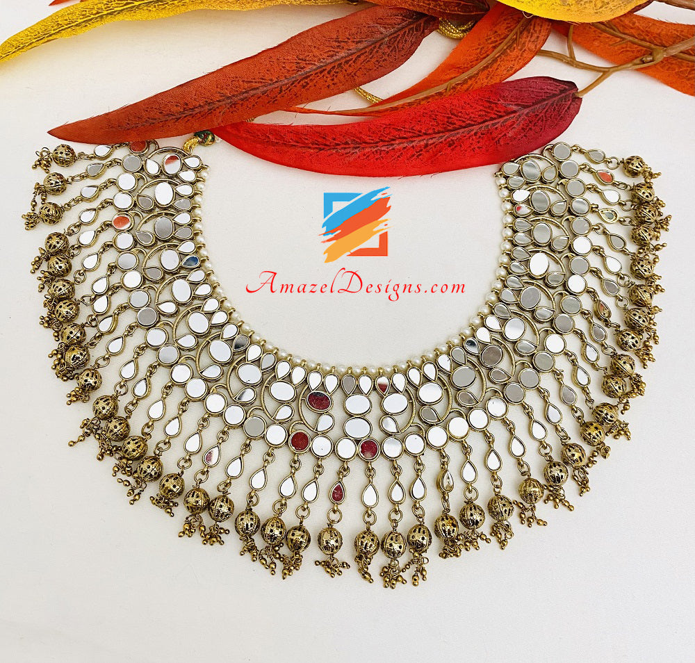 Dull Gold Lightweight Flexible Mirror Necklace Oversized Earrings Tikka Set