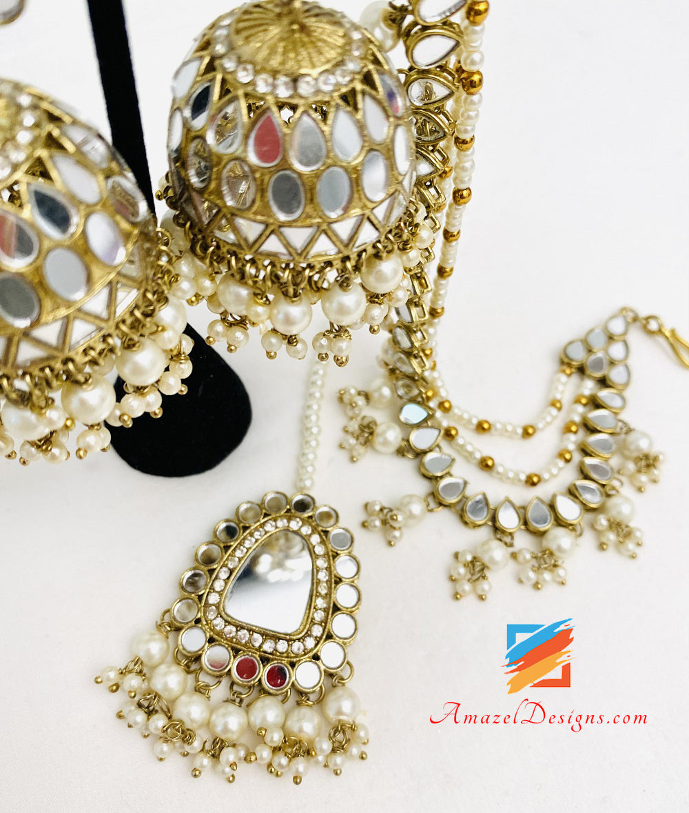 Dull Gold Mirror Jhumka Earrings Tikka with Sahara Set