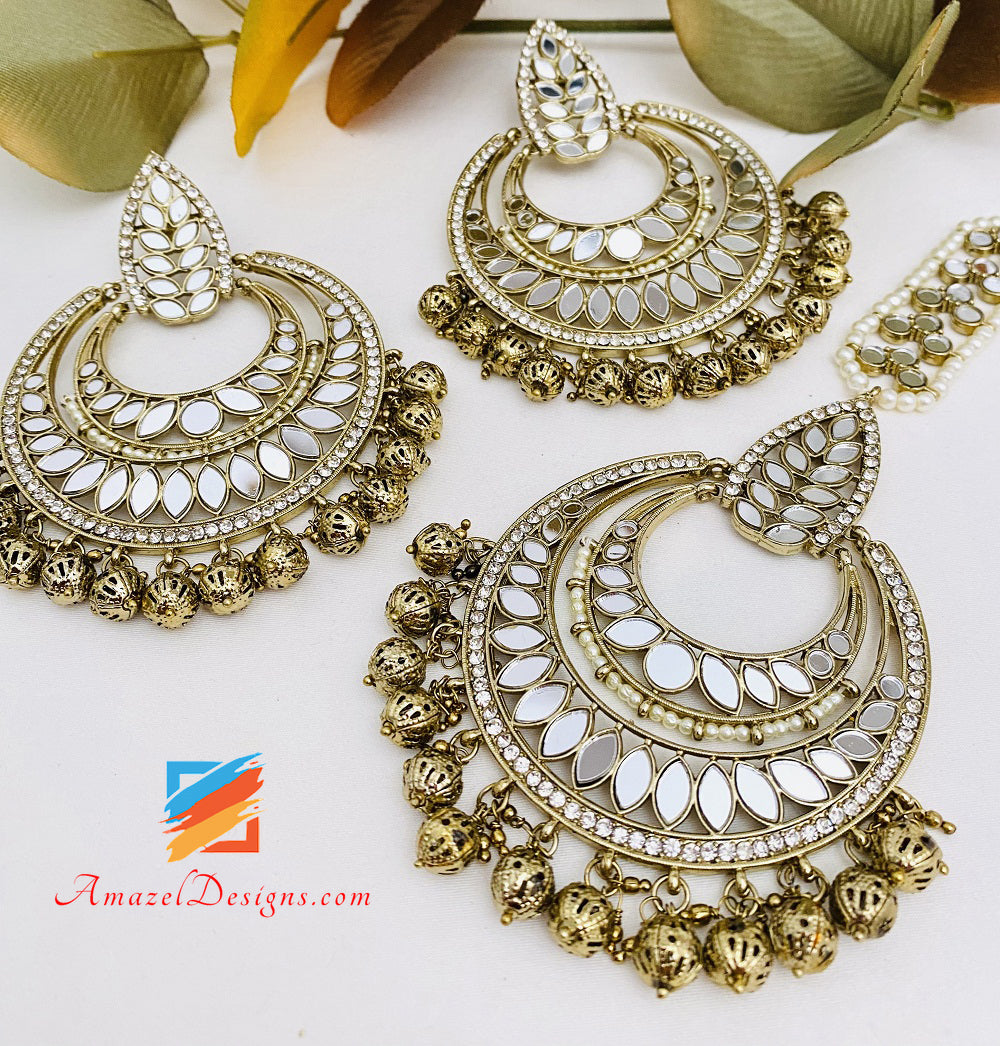 Mirror Dull Golden Lightweight Flexible Choker Earrings Tikka Set
