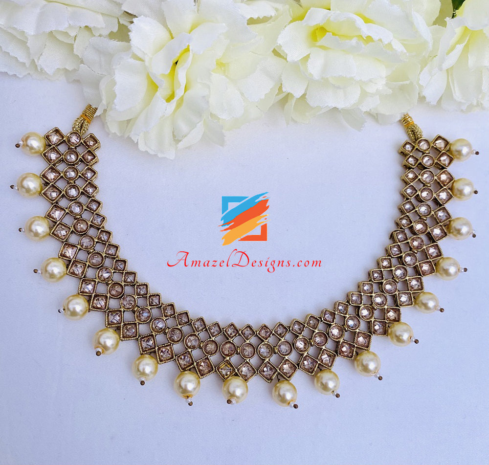 Elegant Polki Champagne Choker Necklace Earrings Tikka Set