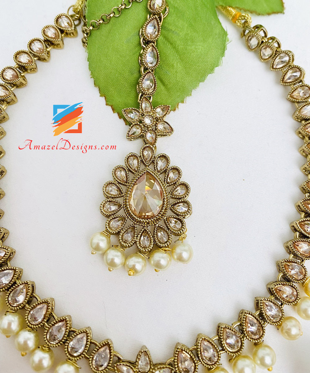 Elegant Polki Pendant Necklace Earrings Tikka set