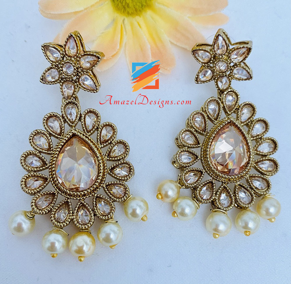Elegant Polki Pendant Necklace Earrings Tikka set